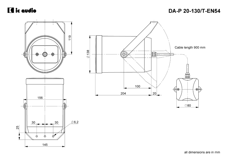Technische Zeichnung DA-P 20-130/T black-EN54 mit Abmessungen