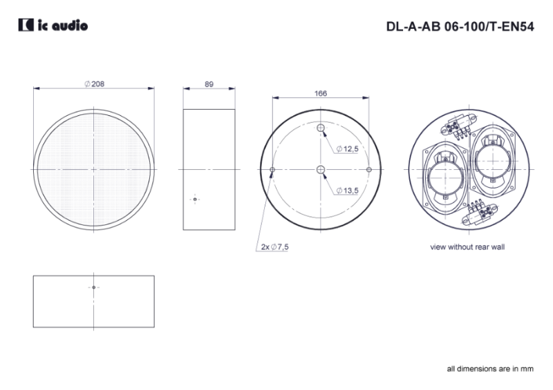 Technische Zeichnung DL-A-AB 06-100/T-EN54W mit Abmessungen