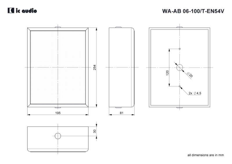 Technische Zeichnung WA-AB 06-100/T black-EN54V mit Abmessungen