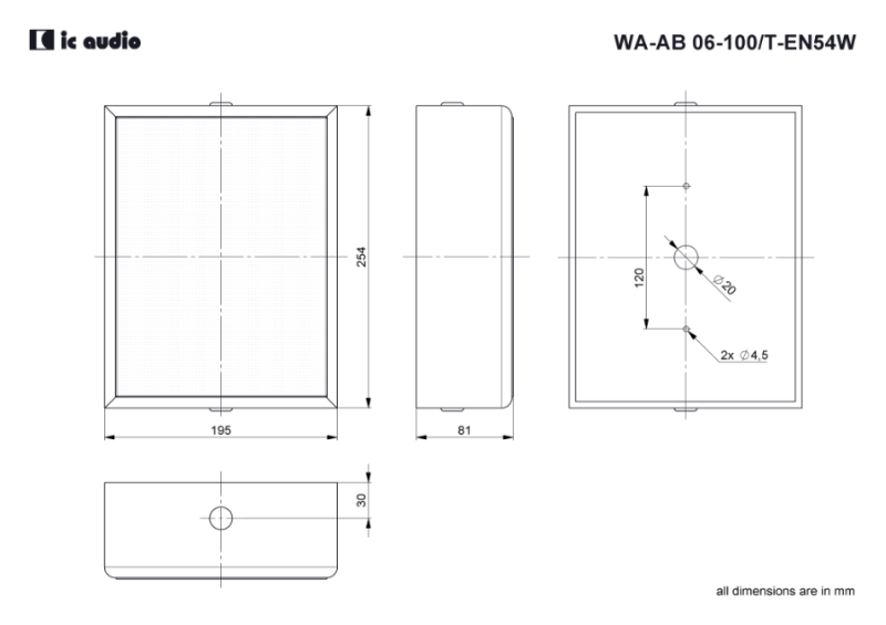 Technische Zeichnung WA-AB 06-100/T-EN54W mit Abmessungen