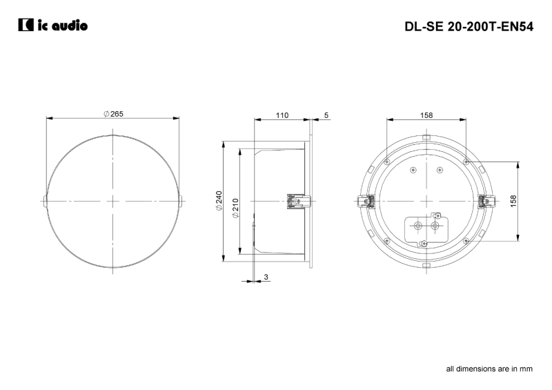 Technische Zeichnung DL-SE 20-200/T black-EN54 mit Abmessungen