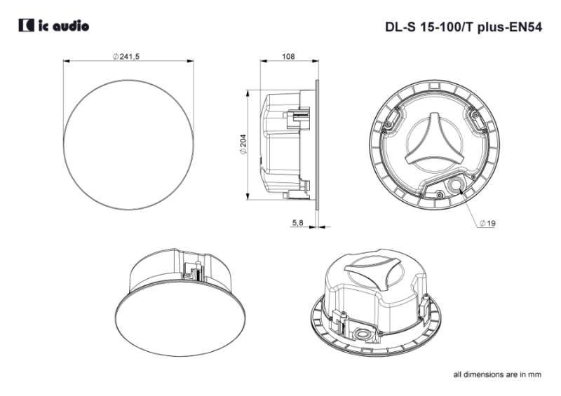 Technische Zeichnung DL-S 15-100/T plus black-EN54 mit Abmessungen