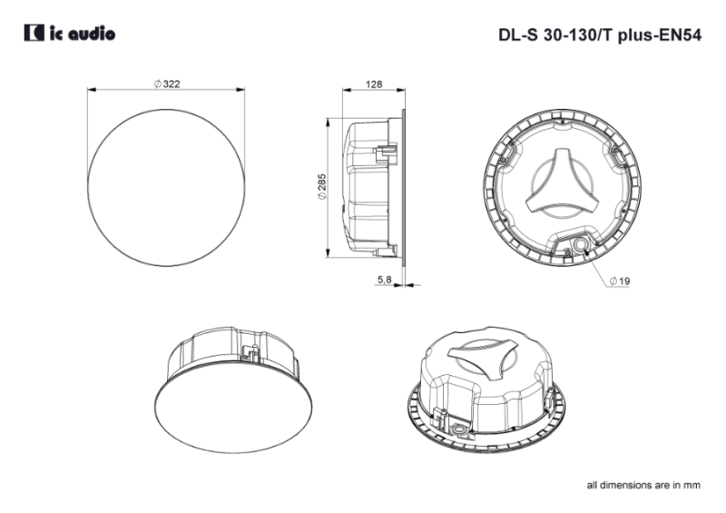 Technische Zeichnung DL-S 30-130/T plus white-EN54 mit Abmessungen