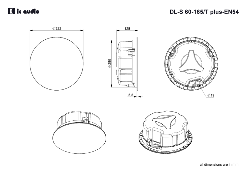 Technische Zeichnung DL-S 60-165/T plus black-EN54 mit Abmessungen