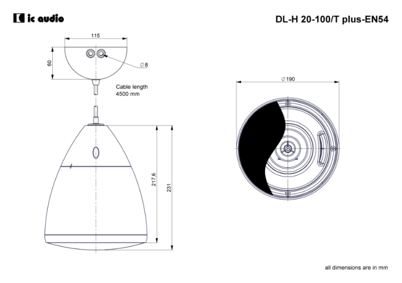 Technische Zeichnung DL-H 20-100/T plus black-EN54 mit Abmessungen