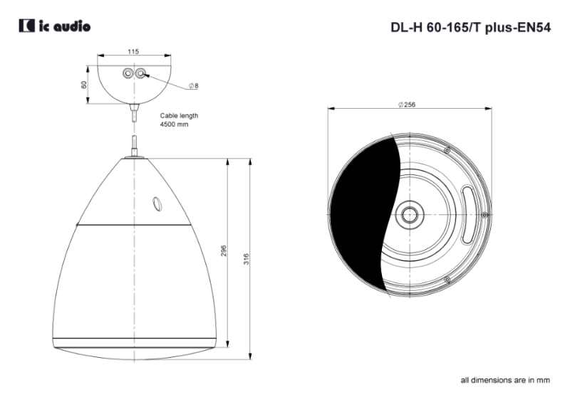 Technische Zeichnung DL-H 60-165/T plus white-EN54 mit Abmessungen