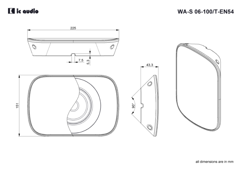 Technische Zeichnung WA-S 06-100/T-EN54 mit Abmessungen