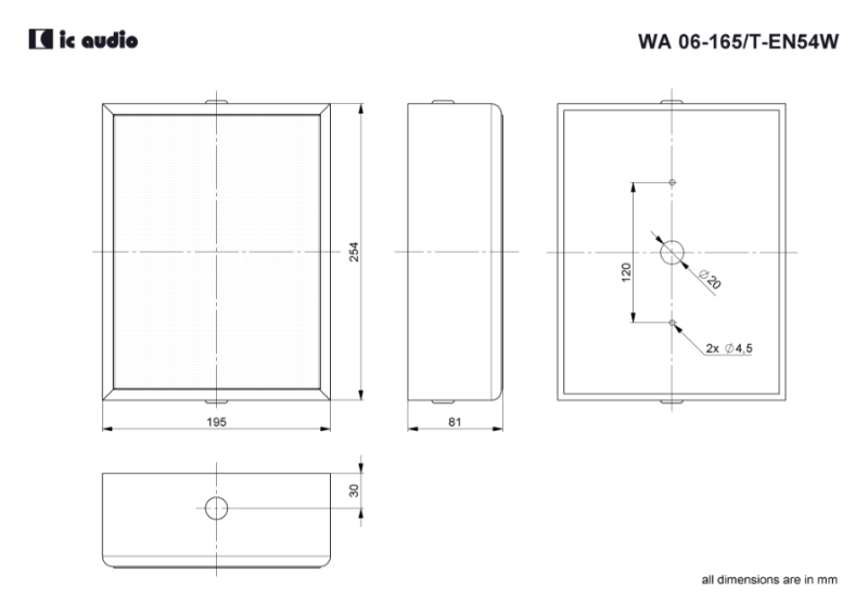 Technische Zeichnung WA 06-165/T-EN54W mit Abmessungen