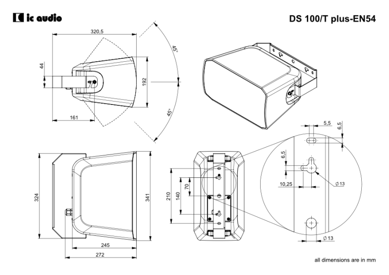 Technische Zeichnung DS 100/T plus white-EN54 mit Abmessungen