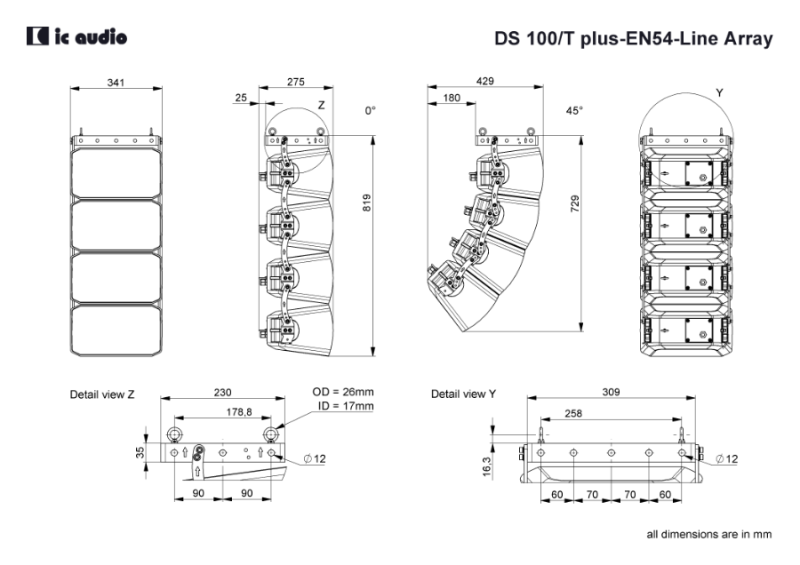 Technische Zeichnung DS 100/T plus black-EN54 Line Array mit Abmessungen
