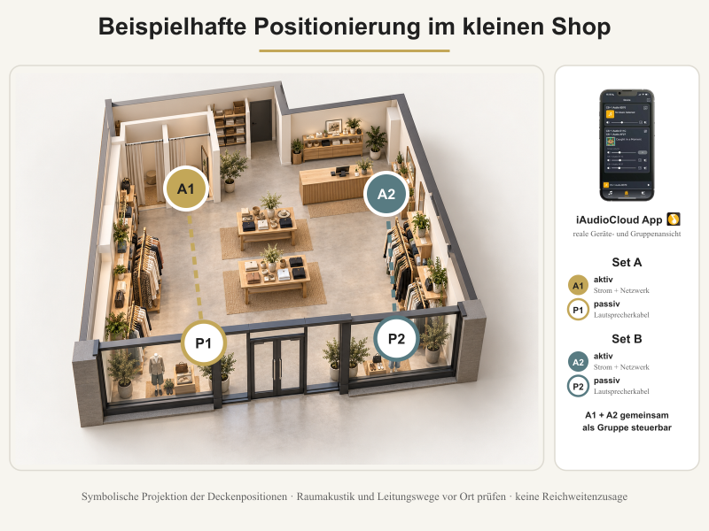 Grafische Ladenansicht mit Positionen der vier Deckenlautsprecher und iAudioCloud Steuerung