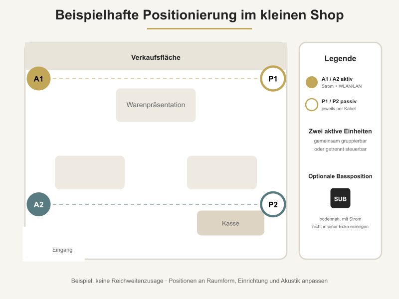 Beispielhafte Positionierung von vier DAN-WiFi-500 Wandlautsprechern im Ladengeschäft