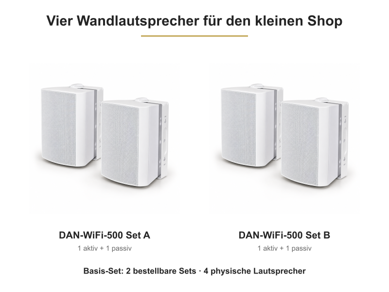 Vier DAN-WiFi-500 Lautsprecher aus zwei Aktiv-Passiv-Sets