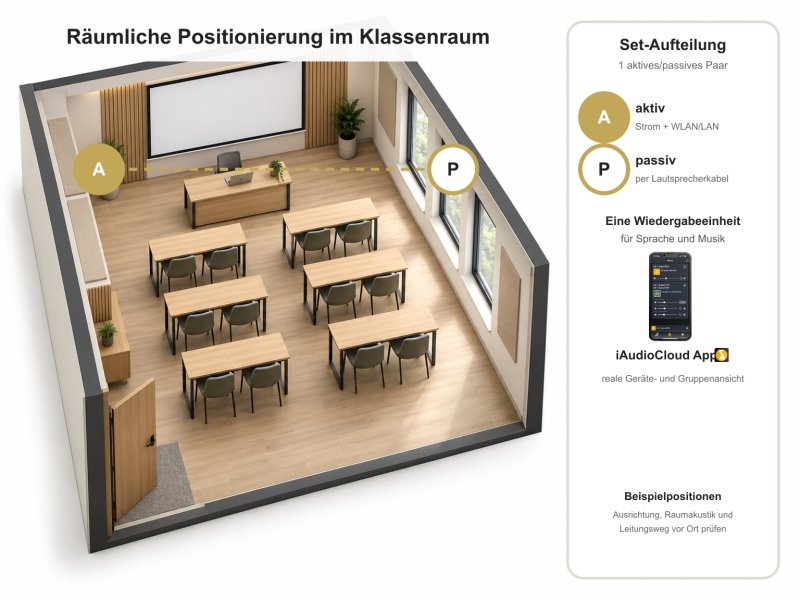 Beispielhafte Positionierung der WLAN-Wandlautsprecher im Klassenraum
