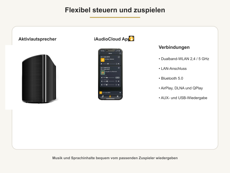 iAudioCloud App, WLAN, LAN, Bluetooth, AUX und USB