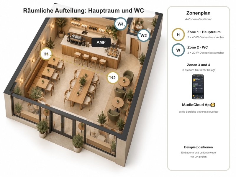 Café-Beschallung mit räumlicher Positionierung der Lautsprecher in Hauptraum und WC