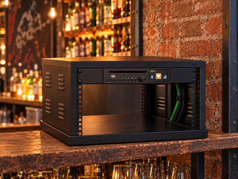 Eigene Rockbar-Konzeptvisualisierung: fest enthaltener Player im separat bestellbaren Technikrack; Rack und Leitungen optional