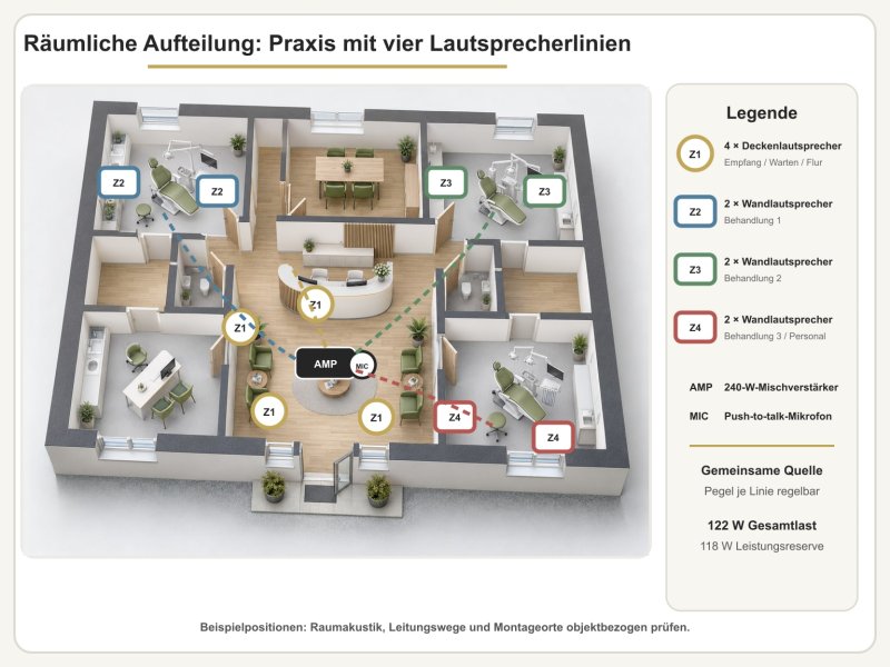 Beispielhafte Positionierung von Decken- und Wandlautsprechern in vier Praxisbereichen