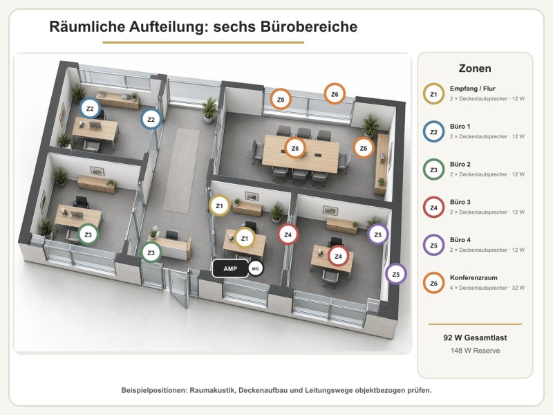Beispielhafte Positionierung von 14 Deckenlautsprechern in sechs Bürobereichen