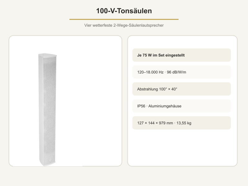 Weiße 100-V-Tonsäule mit technischen Eckdaten