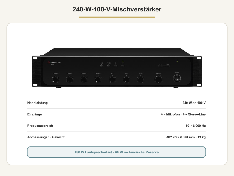 Echter 240-W-100-V-Mischverstärker mit technischen Eckdaten