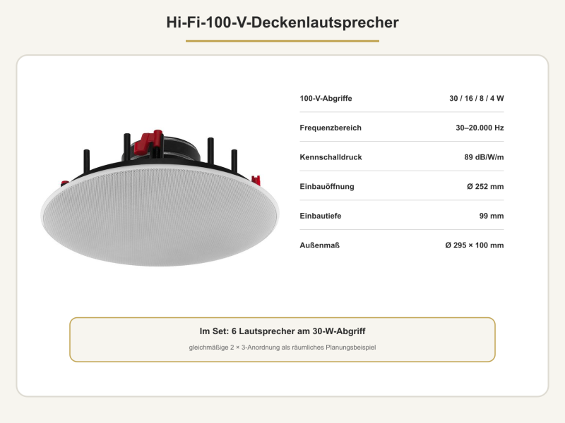 Echter Hi-Fi-100-V-Deckenlautsprecher mit Einbau- und Leistungsdaten