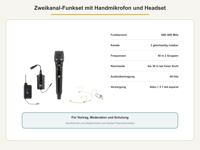 Echtes Zweikanal-Funkset mit Handmikrofon, Taschensender und Headset