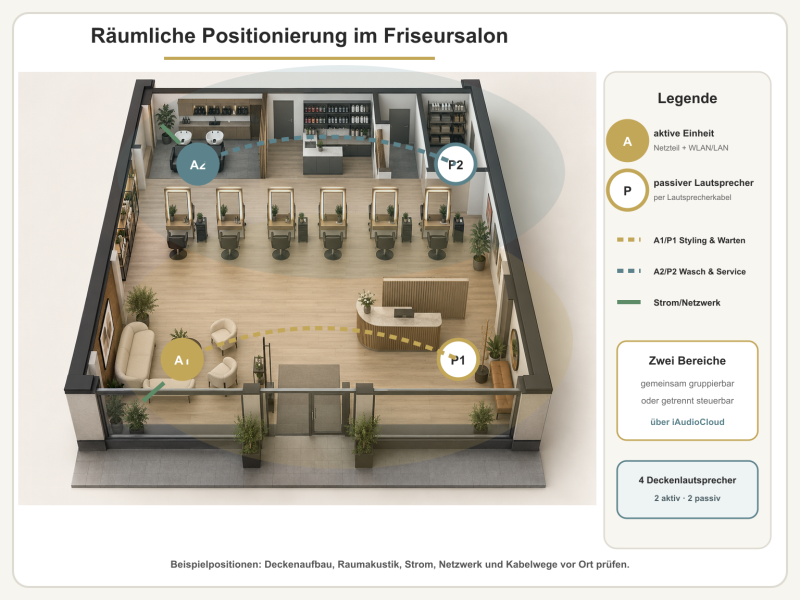 Räumliche Lautsprecher-Positionierung im Friseursalon